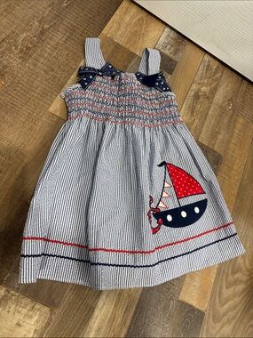 Good Lad Navy, White & Red Striped Sailboat Dress patriotic